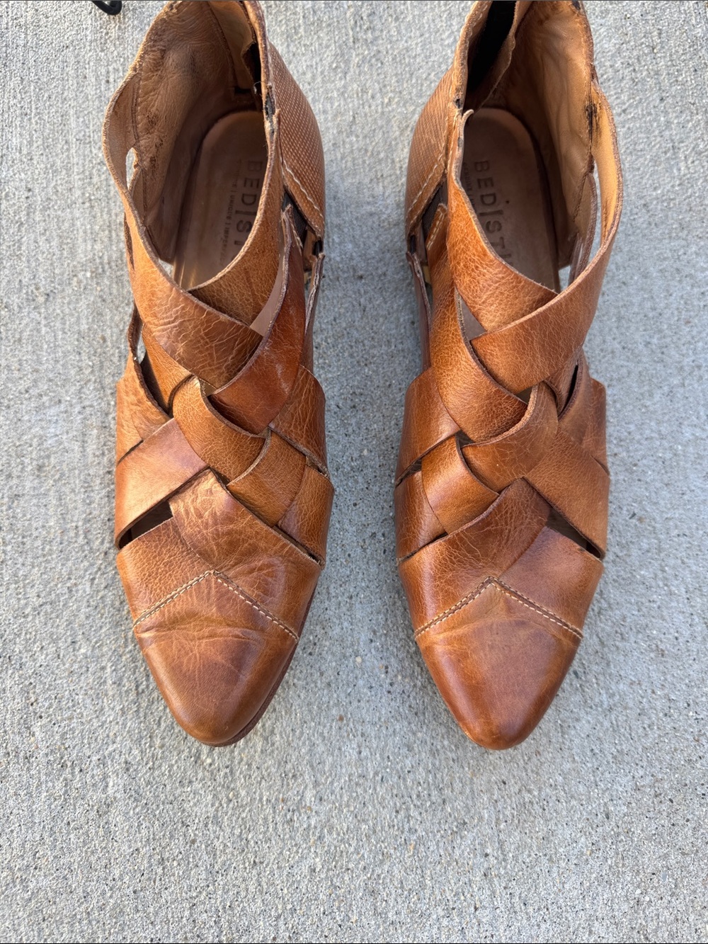 BED|STU Tan Braided Leather Pointed Ankle Boots